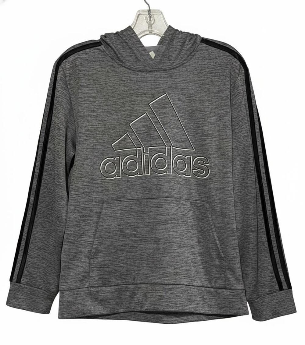 Adidas Hoodie Sweatshirt Youth Large 14/16 Gray Pullover 3 Stripes Athletic
